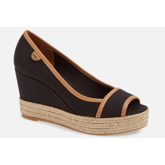 Tory Burch Majorca Wedge Sandal Peep Toe Black Canvas Espadrille Size 9 - Picture 1 of 13